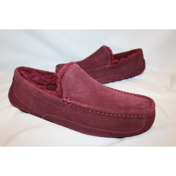 NIB UGG Men's ASCOT Suede Shearling Lined Slip On Moccasin Slippers WINE SZ 9 - Picture 2 of 5
